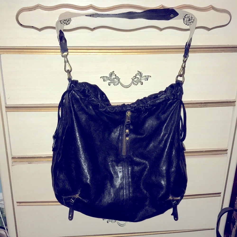 Olivia Harris black leather bucket bag
